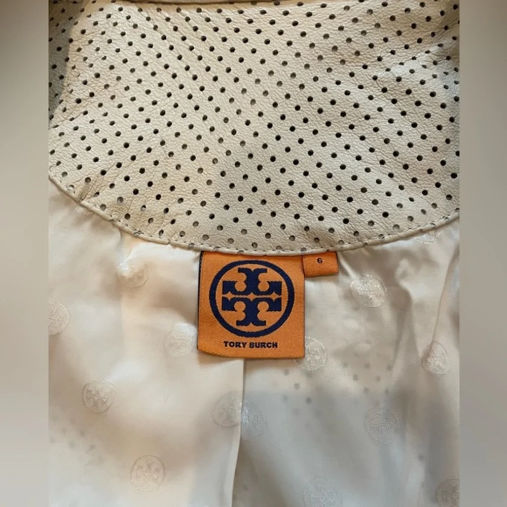 Tory‎ Burch Leather Jacket Woven Lasercut details Cream Tan trim Women’s 6